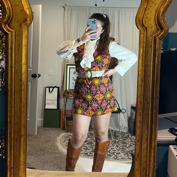 1960/70s multicolor Psychedelic print floral pattern mini dress with Deep V cut - Picture 1 of 15